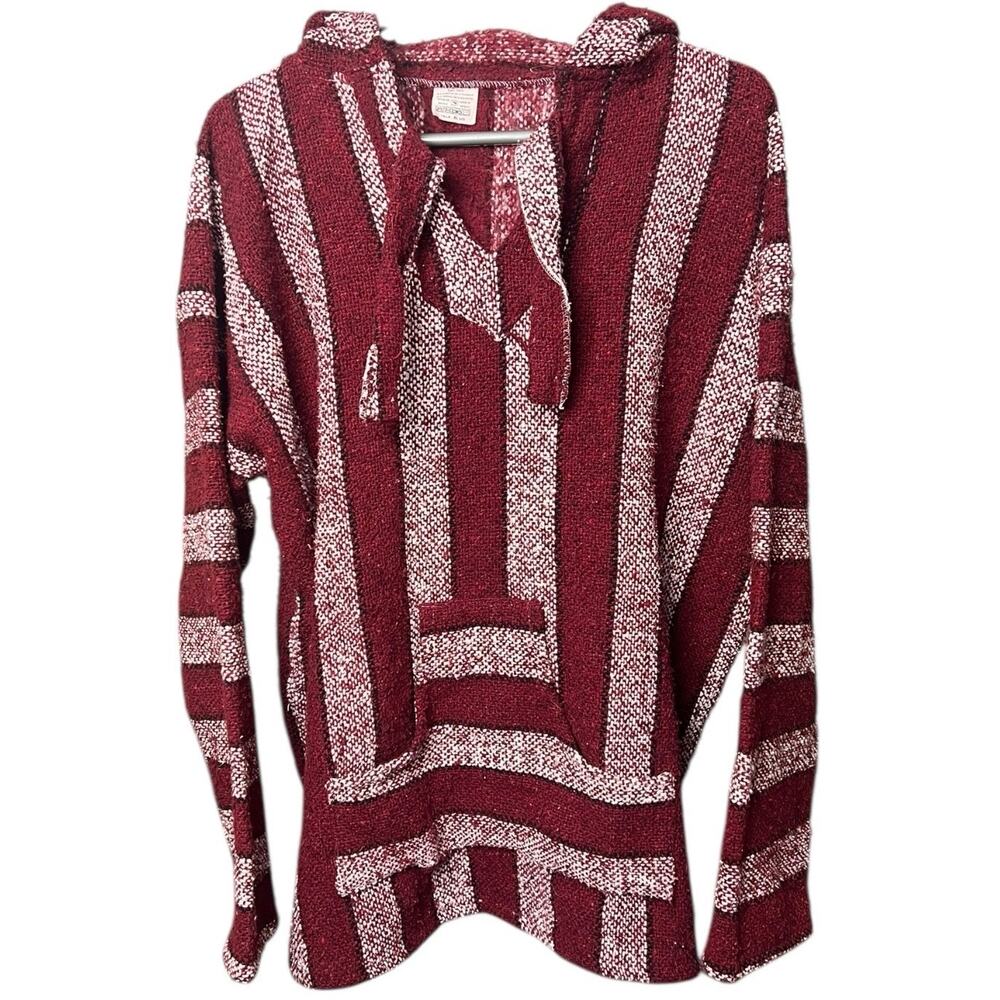 Baja Hoodie Red White Striped Mexican Jerga Pullover Surf Skater Festival - XL